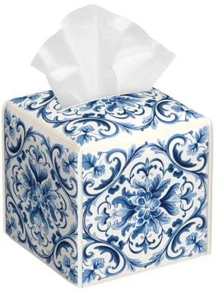 Mexpekil Square Tissue Box Cover Blue Flower Paisley PU Leather Waterproof Tissue Box Holder Facial Paper Tissue Cube for Car Bathroom Kitchen