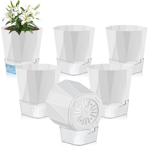 Yimomoyi 6er Set Kräutertöpfe Küche Selbstbewässernd, 17cm Blumentopf mit Bewässerungssystem, Selbstbewässerungstopf Groß mit Transparente Wasserspeicher, Basilikum Topf, Übertopf Set, Weiß