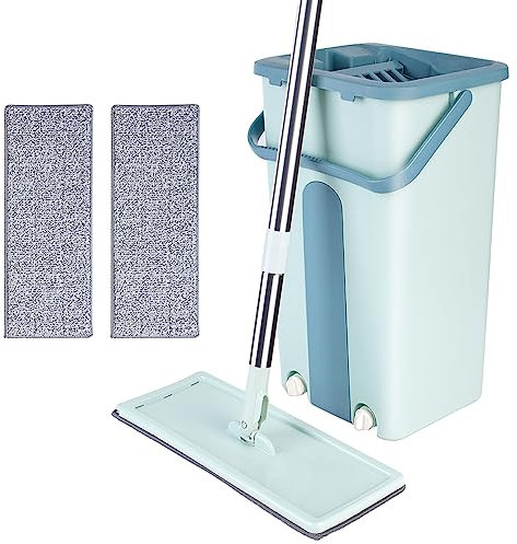 Balai Microfibre et Seau Essoreur, Serpillière Plat Rotatif 360° et Seau Auto-Lavage, avec 2 Tapis réutilisable -Vert