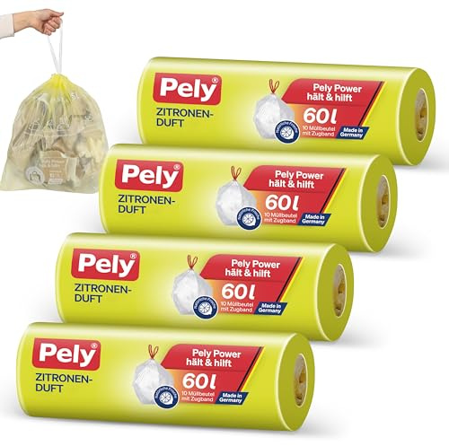 Pely Zugband Müllbeutel mit Zitronen Duft - Vorteilspack (4 x 10 Stück), gelb, für die Entsorgung von Restabfall (60 Liter) mit angenehmen Duft (60 Liter)