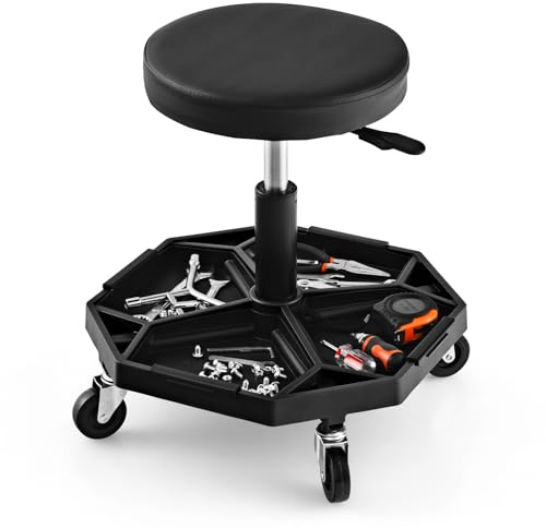GYMAX Robuster Rollhocker, mobiler Montagehocker, höhenverstellbarer Werkstatthocker 41-55cm, Montagehocker mit Werkzeugablage & gepolstertem Sitzkissen, Werstattstuhl bis 150kg belastbar (Schwarz)