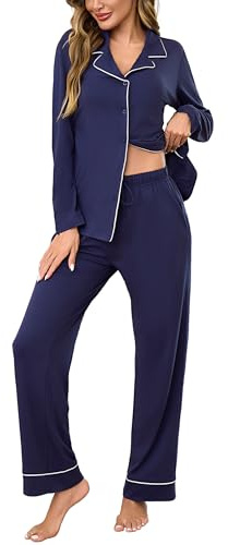 Bresdk Pigiama Donna Invernale Cotone a Maniche Lunghe con Bottoni Pigiami Due Pezzi con Tasca Sciolto Accogliente per Casa e Casuale Ospedale Blu S