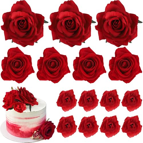 10 Stück Boho Blume Tortendeko Sets 3D DIY Rosen Kuchen Deko Künstliche Rosenblüten Cake Toppers Wiederverwendbar Realistische Blumen Kuchen Dkorationen für Baby Dusche Hochzeit Geburtstag Party Rot
