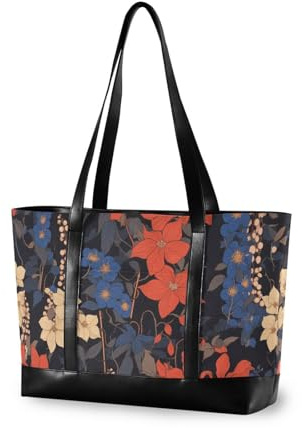 KLL Retro Clematis Flowers Blue Red fashion laptop purse with zipper teacher tote bag Large Handbag for yoga with diaper bolso para laptop
