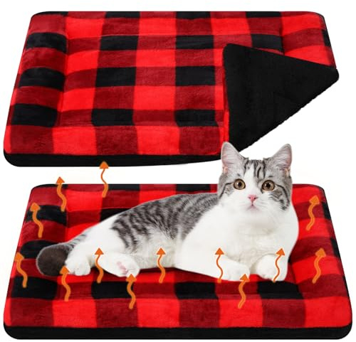 VitalCozy 2 Pack Self Warming Cat Mat Self Heating Pad Bed Reversible Machine Washable Reflects Body Heat Warm Thermal Pet Pad Crate Blanket for Feral and Indoor Cat (Black, Red,22'' X 18'',Plaid)