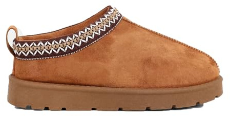 GIRLS FAUX FUR SLIPPER KIDS SLIP ON WARM WINTER COSY SNUG AZTEC MULES SHOES CLOGS CAMEL BROWN UK 12