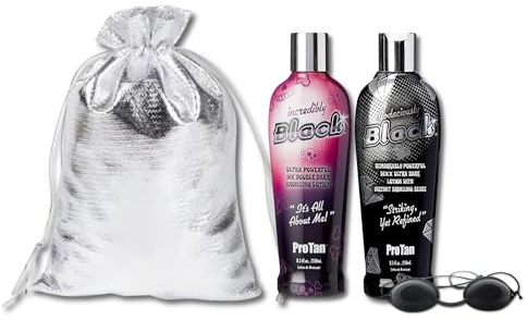 Incredibly Black 250ml + Bodaciously Black 250ml Double Dark Tanning Lotion Bundle – 10X & 50XX Bronzing Accelerators with Shea Butter, Coconut Oil, Vitamin A & E – With Sunbed Goggles and Gift Bag