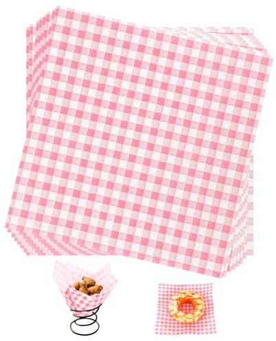 200pcs Pink Waxed Deli Paper Sheets, 7.1x7.1in/18x18cm Pink Checkered Food Basket Liners Waxed Deli Greaseproof Wrap Paper for Wrapping Food Sandwiches Fries Burgers Bread