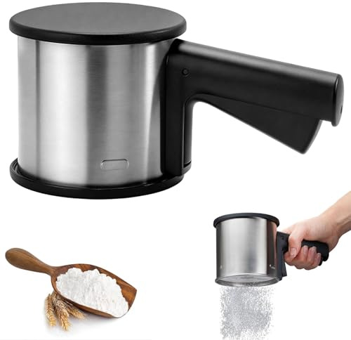 Gykutix Tamizador de Harina de Acero Inoxidable Tamiz de Harina de Una Mano Espolvoreador con Mango Capacidad de 300 Gramos Tamiz Fino de Mano para harina, Azúcar Glas Cacao almendras en Polvo