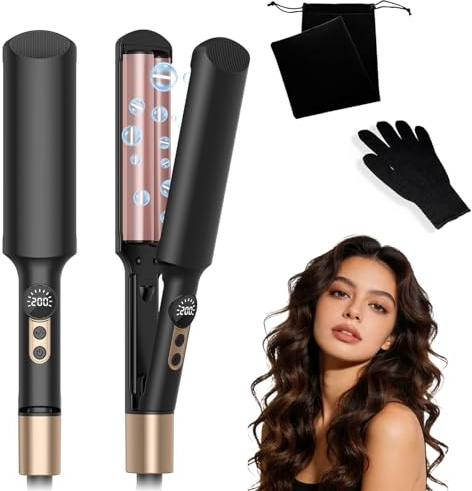 Beach Waves Hair Curler,Hair Crimpers for Women, 2 Barrels Crimpers Hair,Portable French Wave Curling Iron with 5 Temps 120-200°F,Mermaid Hair Waver for Wavy Style,for Women(Rose Gold)