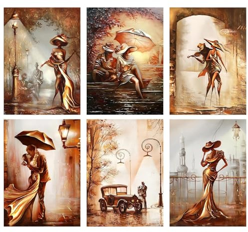 JATOK 6 Pack Paint by Numbers for Adults, Lady, 20 x 30 cm, Unframed | Multipack rolled coloured canvas kits, six individually packed, acrylic painting kit, beginner DIY craft
