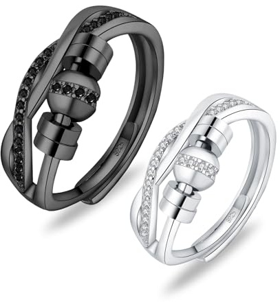 2 Pcs Promise Ring, Adjustable Wedding Rings His and Hers, Cubic Zirconia Silver Rings for Women and Man, Black and Silver Rings, Gifts for Anniversaries Engagements Weddings Valentine's Day