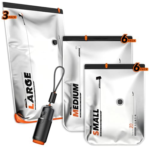 Vacbird 15 Stück Vakuumbeutel für Kleidung mit wiederaufladbarer elektrischer USB-Pumpe, 5x 40x54cm, 5x 47x64cm und 5x 54x74x12cm – platzsparende Vakuumierbeutel für Reisen und Kofferorganisation