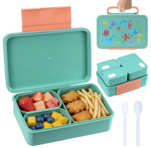 lompyeu Lunch Box Niños 1200ml,Fiambrera Infantil Bento con 3 Compartimentos,lonchera sellada a prueba de fugas, sin BPA,Caja de Almuerzo y Picoteo para Niños (Verde)