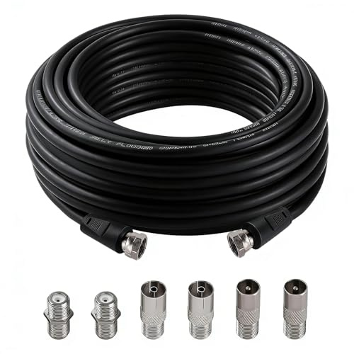 Flomiara TV Aerial Coaxial Cable F Male to F Male, 75 Ohm RG6 Coaxial High Speed TV Aerial Cabl, Fire-Resistant Aerial Connectors with 6 PCS Extension Couplers, for TV, Satellite (Black, 10 Meters)