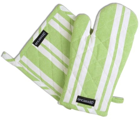 Encasa XO Guanti da Forno e Presina in Cotone, Resistenti Strisce Franca Lime