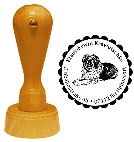 Stämpel adressstämpel Bernhartder diameter ca Ø 40 mm – med personlig adress, motiv och dekorativ kant – hundraser Schweiz St. Bernhardshund Chien du Saint-Bernard Saint Bernard Dog
