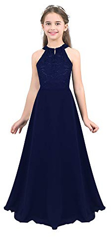 YiZYiF Mädchen Blumenmädchenkleid Neckholder Spitze Prinzessin Kleid A-Linie Hochzeitskleid Partykleid Bodenlang Marineblau 164