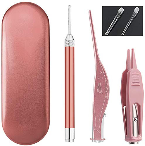 3 Pcs Earwax Removal Tools, Earwax Spoon & Nose Cleaning Tweezers Clip with LED Flash Light, Ear Pick Cleaner Kit with Storage Box, Safety Ear & Nose Health Care Clean Accessories for Baby Kids Adult