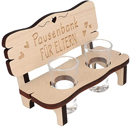 Spruchreif Schnapsbank „Pausenbank für Eltern“ – Holz Schnapsbank mit 2 Gläsern – Schnapsglashalter mit Pausenbank-Motiv – Geschenk für Eltern
