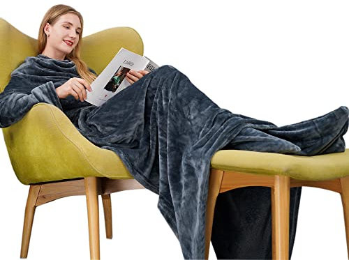 Winthome Wearable Blanket with Sleeves and Foot Pocket, Soft and Warm for Sofa Lovers. with Elastic Cuffs, Hook and Loop Fastener (Grey)