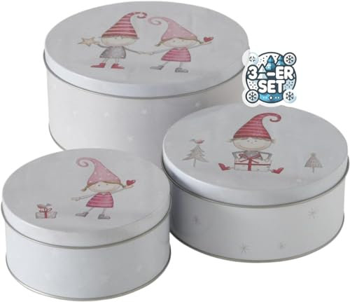 CasaJame 3er Set Metall Keksdose Plätzchendose rund Wichtel Kinder Weiß-Grau H6-9cm