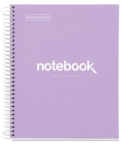 Miquelrius - Cuaderno A5 Rayado 7 mm, 80 Hojas, Tapa Dura Cartón, Lavanda | Papel 90 g/m², Microperforado, Borde Lateral de Color, Espiral, 2 Taladros para Archivar, Notebook Emotions