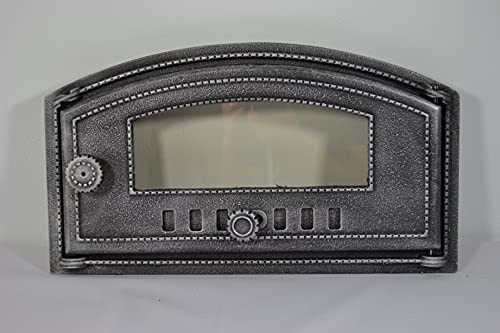 SEZAM Backofentür aus Gusseisen mit hitzebeständiger Glasscheibe, nach rechts öffnend, Pizzaofentür - Brotofen - Steinofentür, 48,5 x 6,5 x 27,5 cm - halbrund, altsilberne Bemalung
