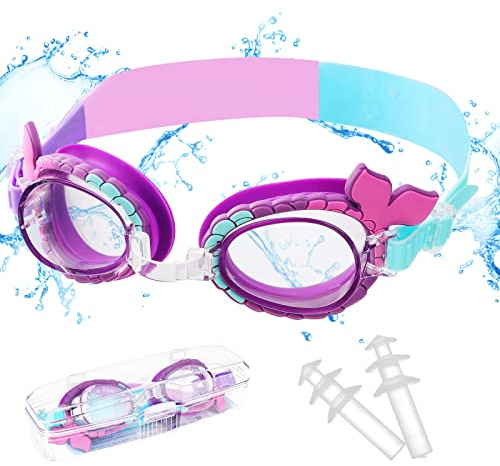 Occhialini da Nuoto Bambini Anti-Appannamento, Occhialini da Nuoto a Coda di Sirena per Ragazze 4-14, 180° Occhialini Piscina con Ampie Lenti, Guarnizioni in Silicone, Tappi per le Orecchie, Scatola
