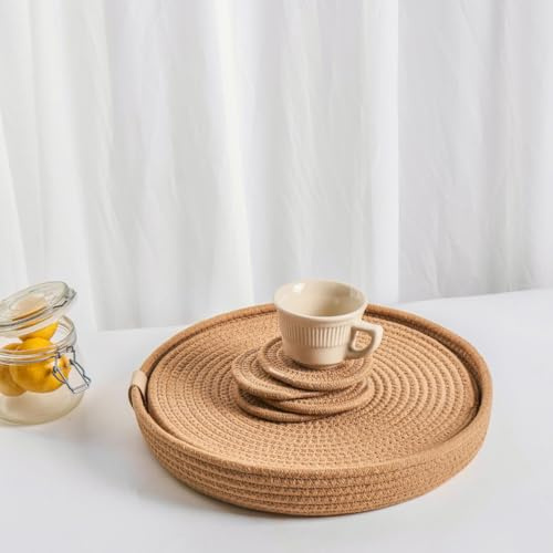Art Pinecone Platzsets aus gewebtem Baumwollseil, rund, 4 Stück, mit Halter, rutschfest und hitzebeständig für Ihre perfekte Tischdekoration. (Hellbraun, 33 cm Plus Untersetzer)