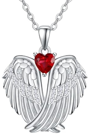 KINGWHYTE Collar de plata de ley con alas de ángel de la guarda con colgante de corazón y alas de circonita, 21 mm x 22 mm, Plata de ley, Circonita cúbica