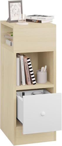 EUGAD Comodino Stretto, Comodino con 2 Scomparti a Giorno e Cassetto, Tavolino da Notte 25x30x66cm, Mobile Salvaspazio per Camera da Letto, Soggiorno, in Truciolato, Rovere, 0192ZZ