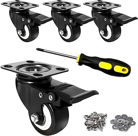 YUCONECT Ruote per Carrello Carichi Pesanti fino a 300 Kg, incluso 1 Cacciavite, 16 Viti e 16 Rondelle - Set di 4 Ruote per Mobili Pesanti con freno - Rotelle per Mobili - Ruota Mobile 50mm Nero
