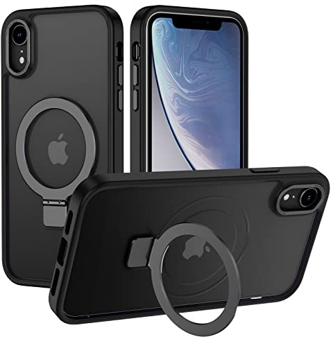 XTCASE für iPhone XR Hülle kompatibel mit Magsafe, Matt Handyhülle für iPhone XR mit Magnet Ständer Durchscheinende Kratzfeste PC Rückseite + TPU Bumper - Schwarz