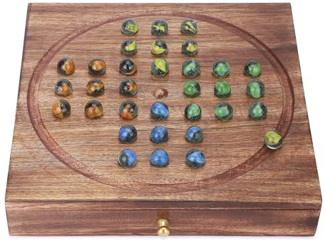 Ajuny Wooden Handmade 10 Inch Solitaire Board Game with Storage Drawer | 33 Marbles in 4 Colors | Vintage Style Fun Family Tabletop Home Office Decorative Solitaire Games for Kids and Adults