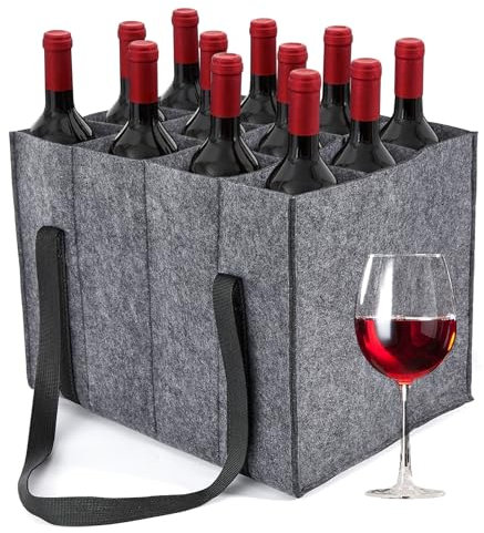 zhongko Flaschentasche mit 12 Fächer, Flaschenträger Flaschentasche Filz Wiederverwendbare Wein Halter Bier Flasche Tasche Getränketasche für Party Reise Picknick(Grau)