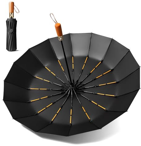 MidingChai Parapluie Pliant Solide et Résistant au Vent Fort, Automatique, Anti-Retournement, Poignée en Bois Véritable Extra Stable Avec 16 Nervures Pour Homme et Femme, Noir