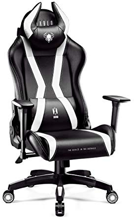 Diablo Anpassbarer Gaming Stuhl Ergonomisch X-Horn 2.0 | Verstellbare Rücken-, Sitz- und Armlehnen | Nacken-/Lendenkissen, Eco Lederpolsterung | Ergonomischer Gamer Stuhl | Normal (L) | Schwarz-Weiß