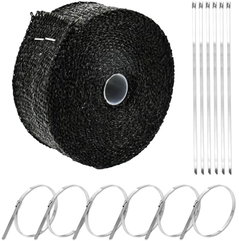 STCRERAG Hitzeschutzband, Hitzeschutzband Auspuff 10 * 5m Hitzeschutzband mit 12 Stück 30cm Edelstahl Kabelbinder Schwarz Hitzeschutzband für Fächerkrümmer Auto Motorrad Thermoband