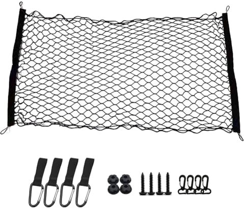 Rete Bagagliaio Auto,Rete Bagagliaio per Auto,Rete Portaoggetti Tasca Organizer Elastico, Rete Portaoggetti Rete Bagagliaio Auto,Elastico con 4 Ganci 110×60cm,Universale,per SUV,Truck di Auto,Nero