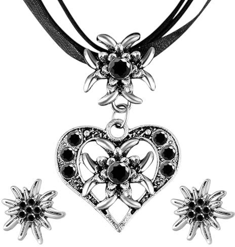 GUTERTOP 3 Stück Oktoberfest Dirndl Accessoires Damen, Schwarz Trachtenkette Damen, Trachtenschmuck Damen Set mit Strass Edelweiß Herz Anhänger und Edelweiß Ohrstecker