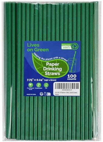 Lives on Green Cannucce di carta usa e getta, 19,7 x 0,6 cm, 100 pezzi, per bevande, succhi di frutta, soda, accessori da bar