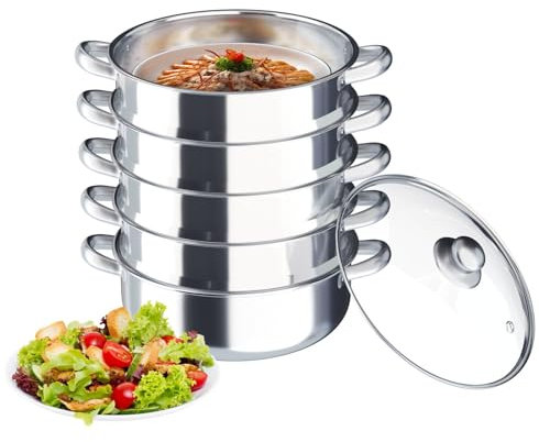 Vaporera de 5 niveles, olla a presión, acero inoxidable, conductora rápida para todo tipo de fuegos, exprimidor de vapor de gran volumen, cesta térmica (30 cm)