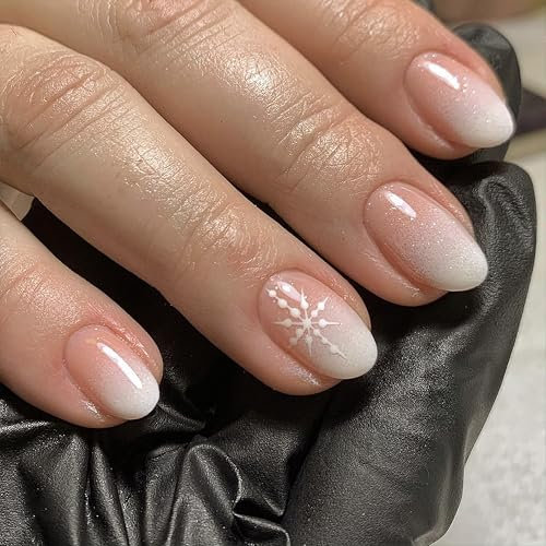 Lot de 24 faux ongles de Noël à coller - Rose et blanc ombré avec flocons de neige - Brillant - En acrylique - En forme d'amande - Pour femmes et filles - Rose