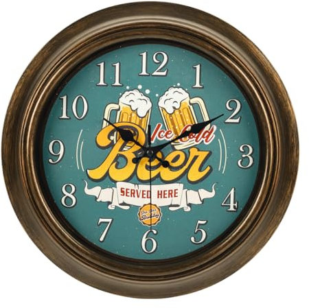 14-Inch Bar Buddy Home Bar Clock | Retro Vintage Wall Hanging Clock | Toughened Glass Cover | Battery Operated | Man Cave & Gift Idea for Men | Beer Served Here