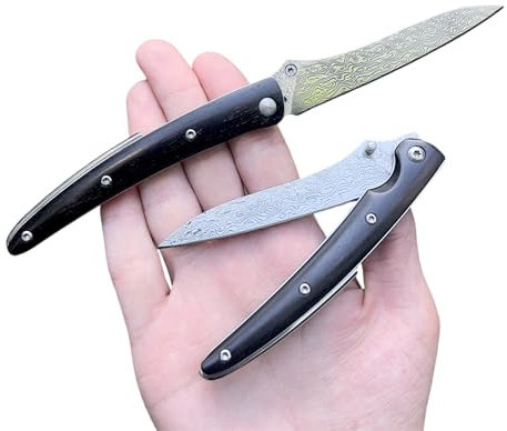 Obespina Couteau Pliant Lame Damas Gentleman Collection EDC Camping Poche Manche Bois D'ébène clip luxe fin tranchant artisanat forgé extérieur collection folder traditionnel