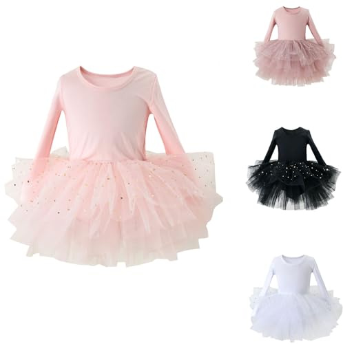 Robe tutu de ballet à manches longues avec couches moelleuses et jupe en tulle à paillettes pour petite fille, Rose, 5-6 ans