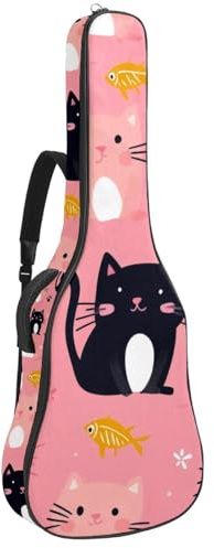 KengjuTesu 43 Zoll Akustikgitarre Softcase mit Rucksackgurt und 2 Taschen Rosa Hintergrund Cartoon Katzen Keine Polsterung Rucksack Wasserdicht Oxford Tuch Bassgitarre Gigbag für Konzertgitarre,