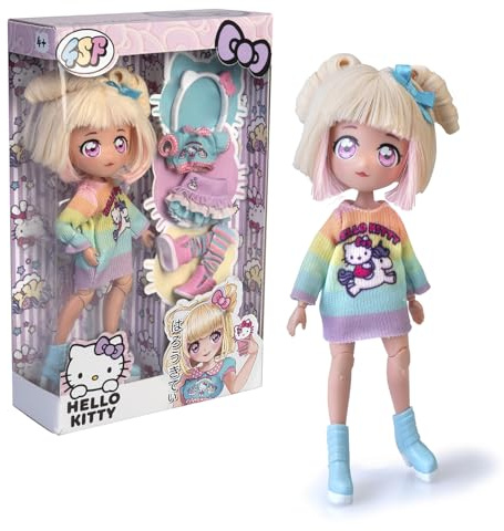4SF - Hello Kitty Manga Fashion Unicorns, Muñeca Fashion Japonesa, Figura de 19,5 cm con 15 Puntos de Articulación, Incluye Falda Ra-Ra, Calentadores y Diadema con Orejas, Famosa (HKTF2000)