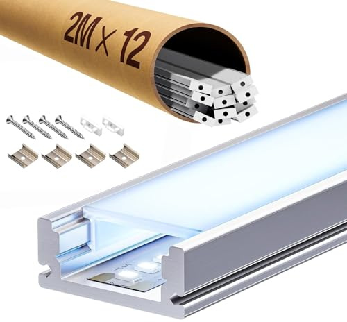 ClarivantiLED LED Profil Schiene 2m aus eloxiertem Aluminium, Aluminium Profil passend für 12mm Streifen, mit opalem Diffusor (SP26, 12 Stück (insgesamt 24m))